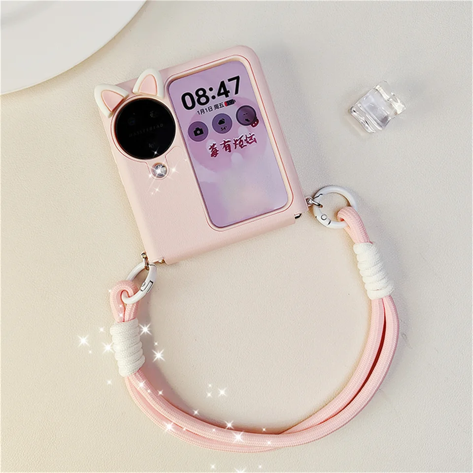 Kórejský roztomilý ins Cat Ear Pink White Ručné puzdro pre remienok na telefón pre Oppo Flip N3 Flip Findn3 Flip Nájdenie N3 Flip zadný kryt Kawwii