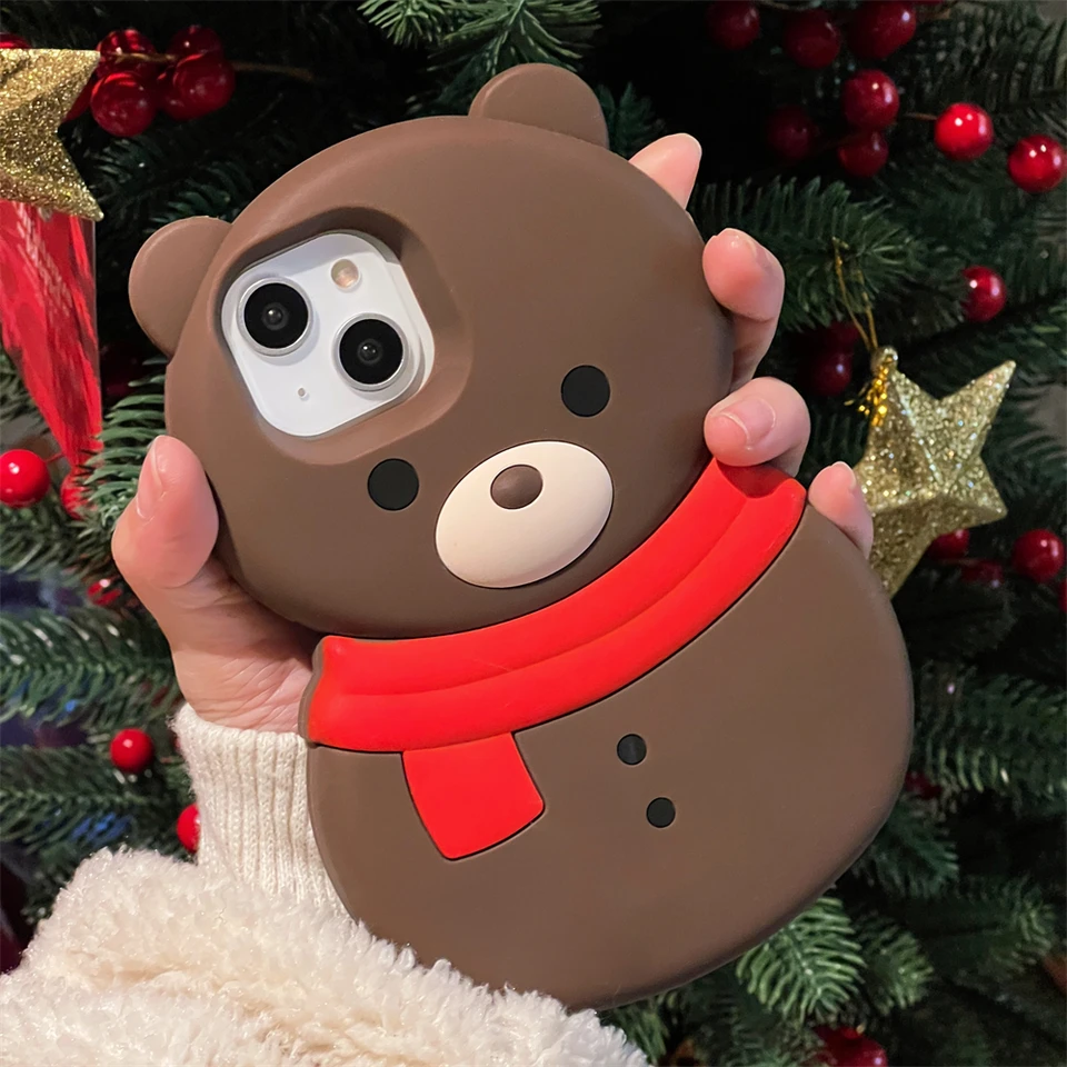 Kórejský roztomilý karikatúra 3D šál medveď Silikone Puzdro pre iPhone 15 14 13 12 12 Pro Max Cute Funny Darček Shock odolný voči mäkkému obalu Funda