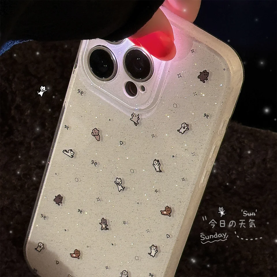 Kórejský roztomilý karikatúra trblietky pre mačky pre iPhone 16 15 14 13 12 Pro Max 11 Štýlový kreslený vzor mäkkých nárazových prípadov Coque