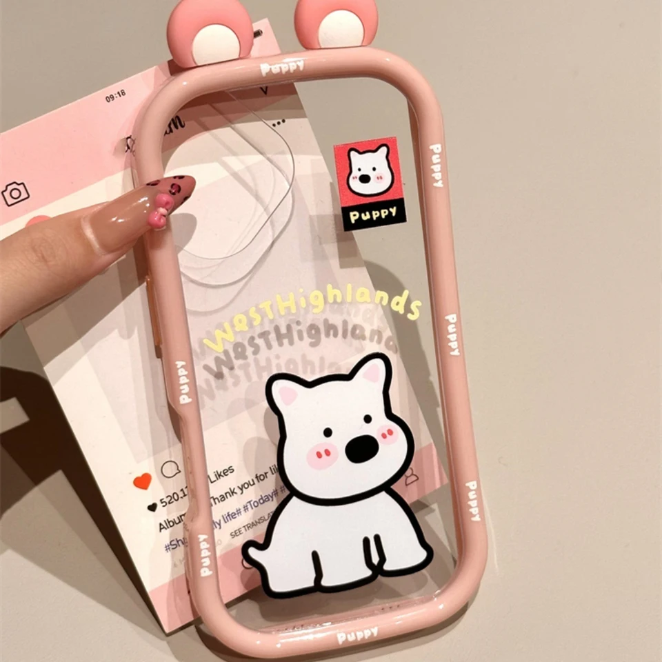 Kórejský roztomilý karikatúra West Highlands 3D uši puzdro pre iPhone 16 15 14 13 Pro Max Lovely Puppy