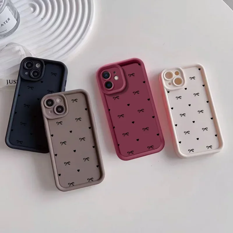 Kórejský roztomilý puzdro Pink Bow Telefón pre iPhone 15 Pro Max 12 11 14 x XS XR 6 6S 7 8 Plus 13 Mini Se Love Heart Silcone Cover Funda