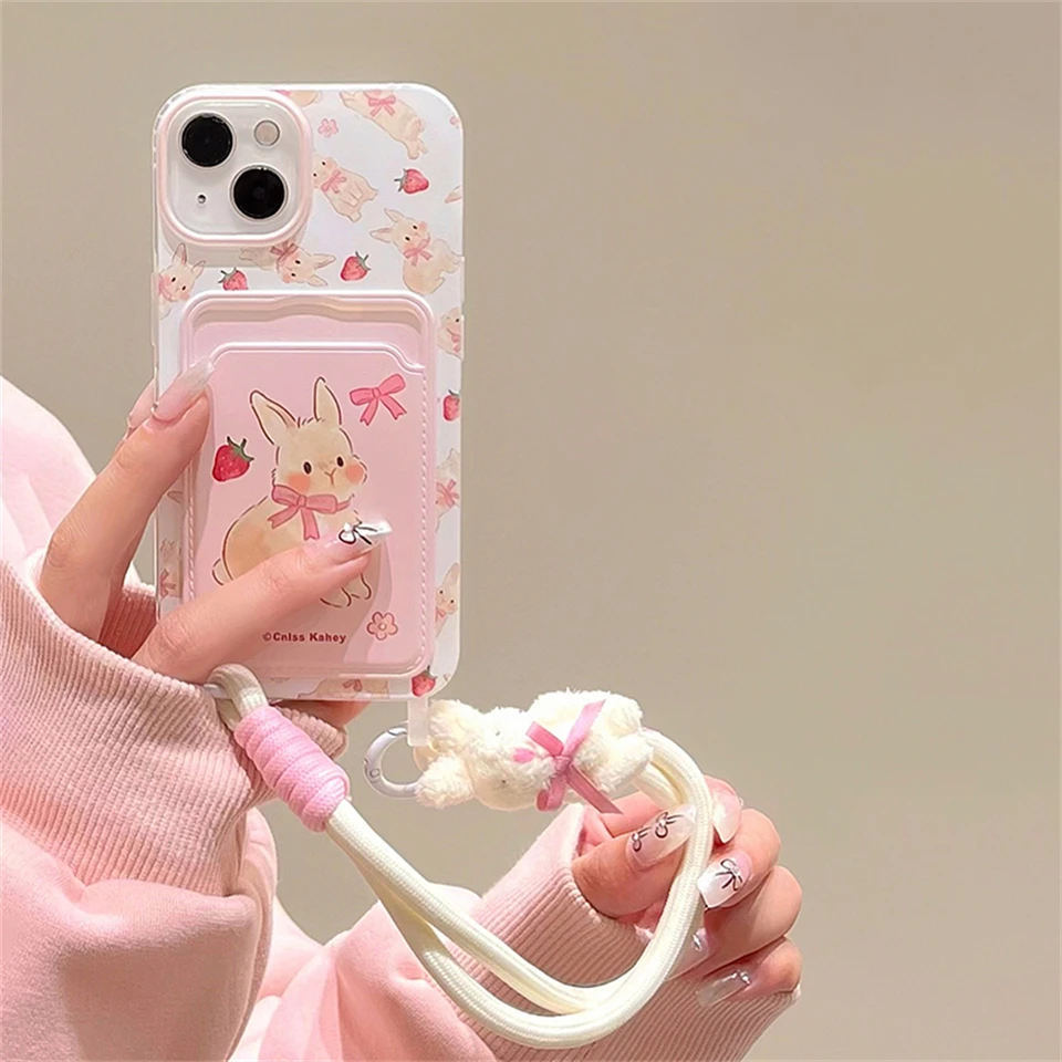 Kórejský sladký 3D Bowknot Rabbit Wallet Chain Case Puzdro pre iPhone 15 14 13 11 12 Pro Max