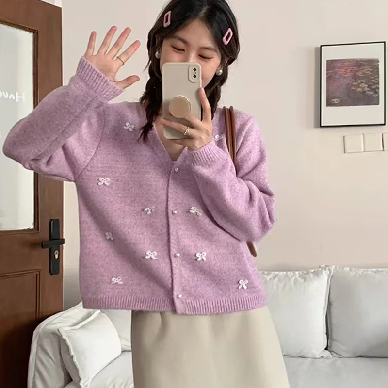 Kórejský sladký luk V-krk dlhý rukáv s dlhým rukávom voľný náhodný pletený kardigan pre ženy