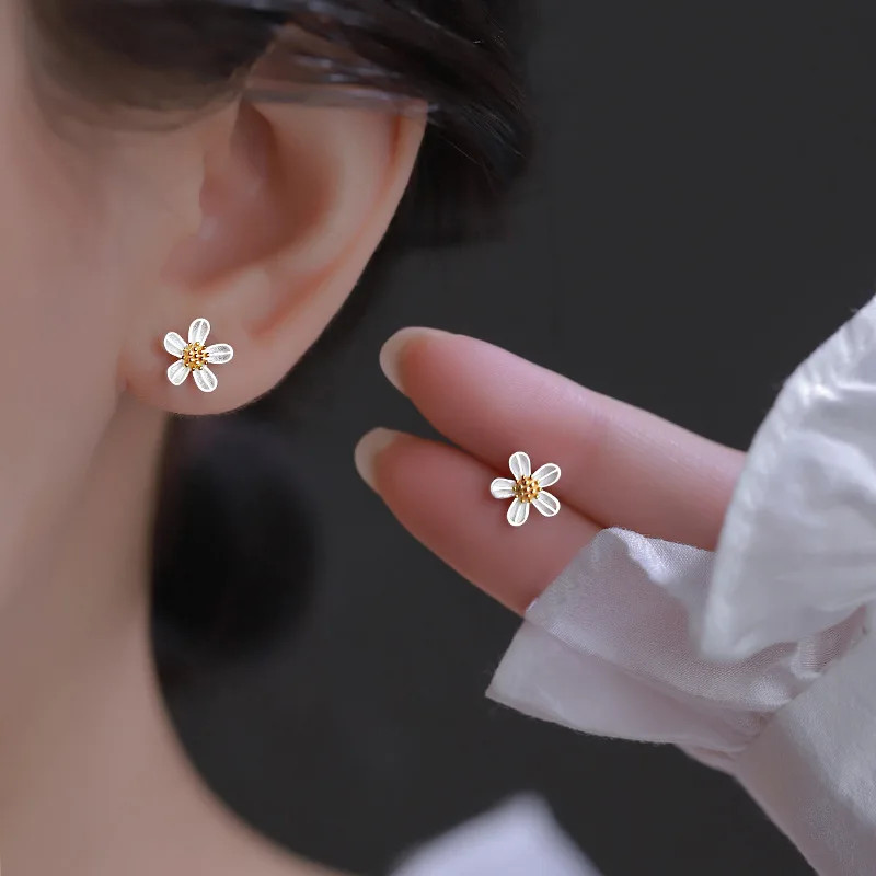 Kórejský štýl Daisy tulips kvety Stud náušnice olej kvapkajúca perla krištáľový obruč pre ženy dievčatá pekné šperky darčeky