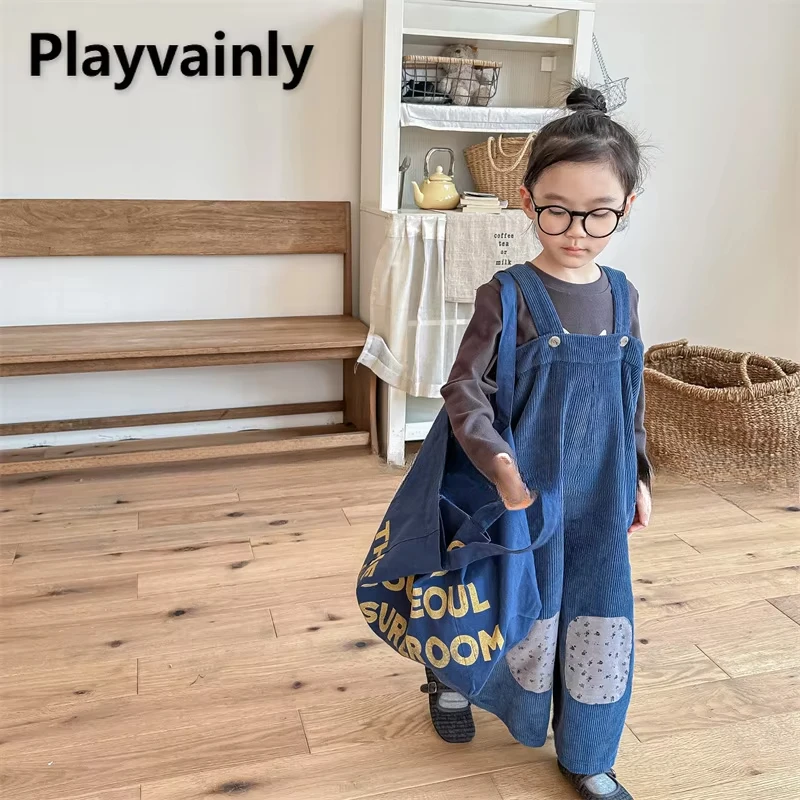 Kórejský štýl deťom kombinézy jar jeseň Khaki Royal Blue Corduroy Loose Corbessuit Children Módne všestranné oblečenie E123513