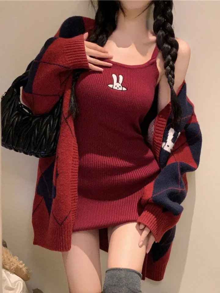 Kórejský štýl dizajnér 2 kusové sada Ženy Plaid Plaid Catted Coat + Rabbit Print Dress Suit Female Elegant Sweet Party Mini Dress Sety