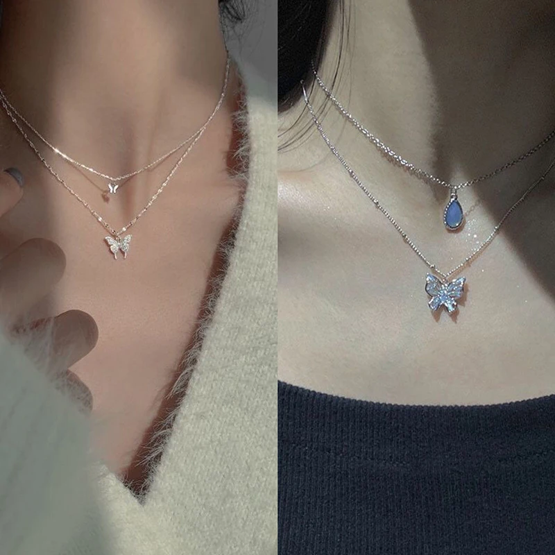 Kórejský štýl hviezda Mesiac Motýfly prívesok Choker náhrdelník s dvojvrstvou pre ženy pre ženy Dievčatá doplnky šperkov