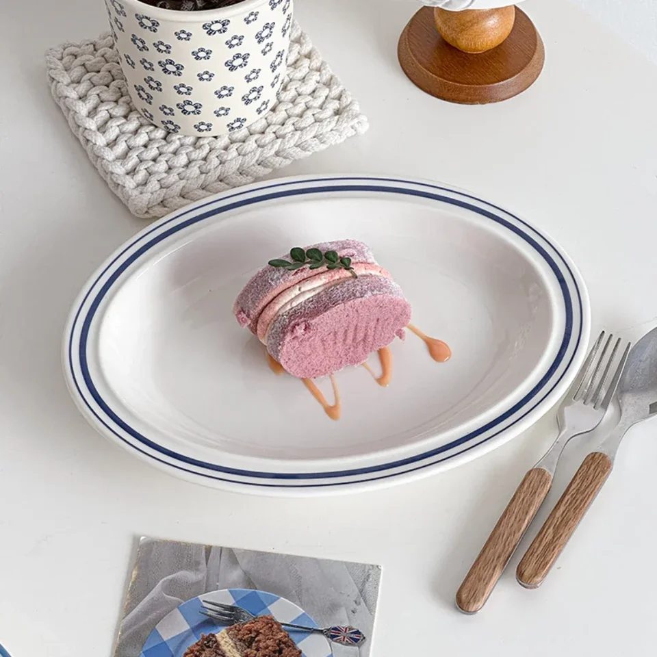 Kórejský štýl INs pruhovaný porcelán oválny keramický tanier