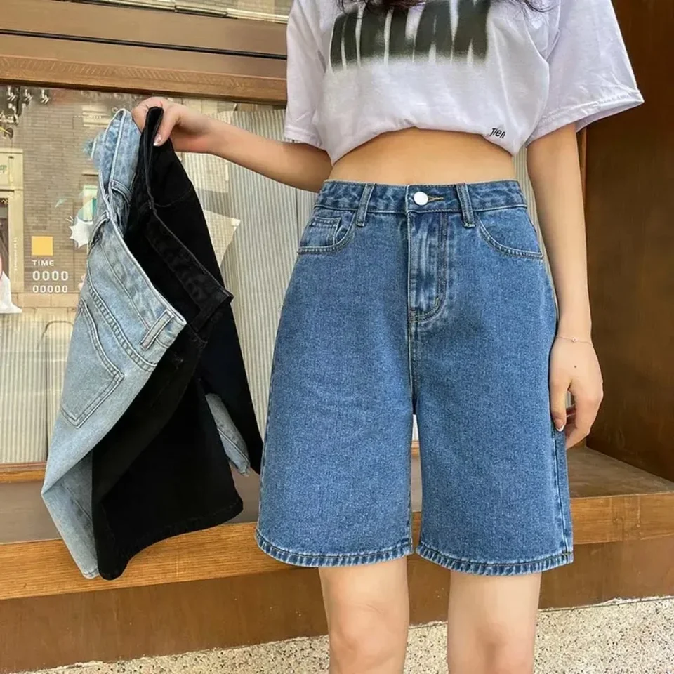 Kórejský štýl Klasické džínsové šortky Ženy letné modré vysoko pásové šortky široké nohavice na nohavice streetwear džínsy dámske dámske šortky