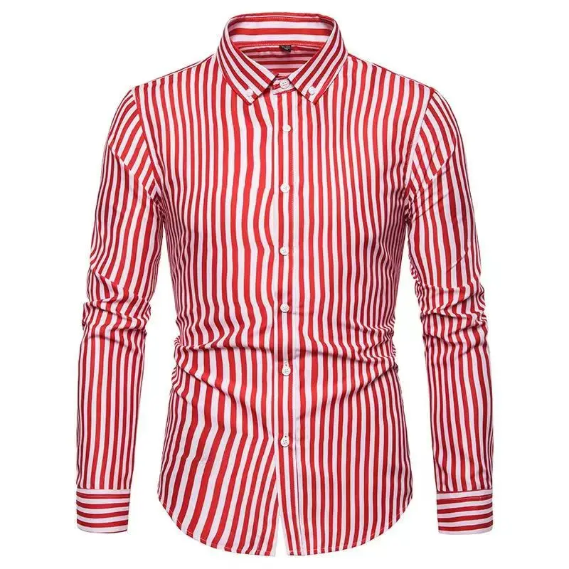 Kórejský štýl pánska košeľa Červené a biele pruhy, ktoré nie sú ležiace neformálne košele Muž s dlhým rukávom Slim Fit Formal Business Dress košele