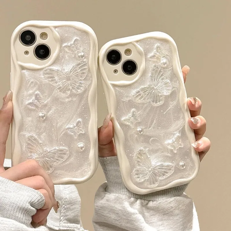 Kórejský štýl roztomilý laserový motýľ perly puzdro pre iPhone 15 14 11 13 Pro Max 12 Strachproof Rumper Wave Rám zadný kryt