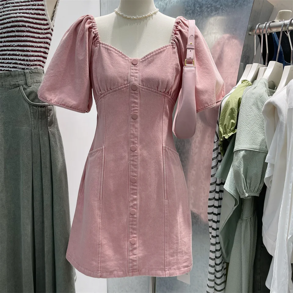 Kórejský štýl Ženy Sladké ružové džínsové šaty Solid Vysok Puff Ruckve Mini ženské Jean šaty módne dámy letné streetwear