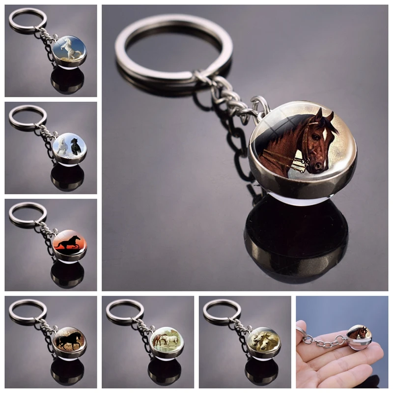 Kôň Keychain Horse Picture Glass Ball Keychain Double Side Glass Cabochon Cabochon Glass Pendant Kov kovové kľúče zvieracie šperky