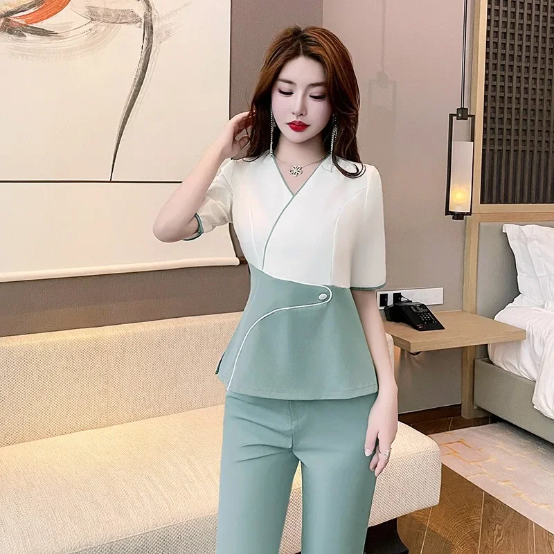 Kúpeľné masáže Work Clother Hotel recepcia kozmetický salón nechtový technik Uniformy štíhle nohavice obleky profesionálne estetici kombinézy