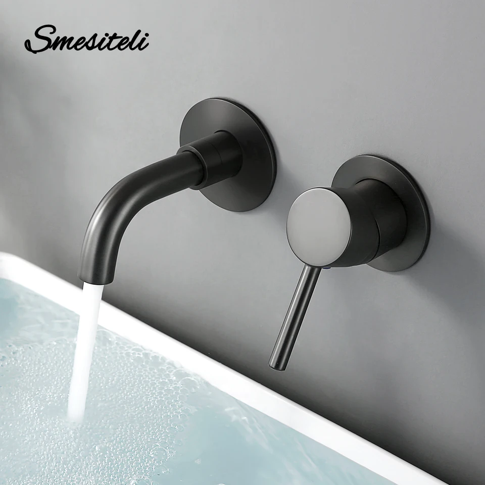 Kúpeľňa Mixer Tap Wall namontovaná na jednorazovú rukoväť Gunmetal Basin Faucet Horúca studená voda Veľkoobchod