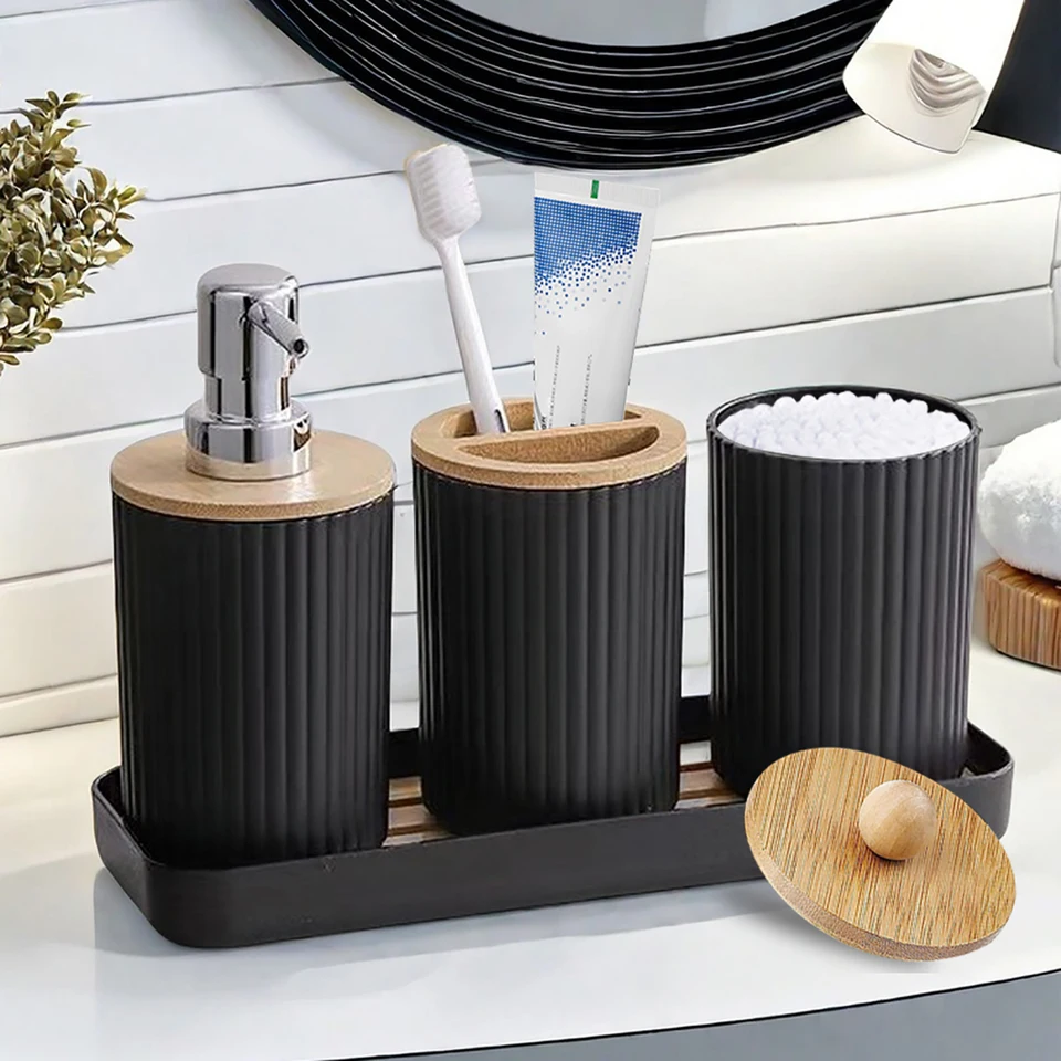 Kúpeľňové príslušenstvo nastavené Vanity Counter Soap Dispenser zubná kefka na zubný výplach držiak a podnosová sada kúpeľňových dekorácií