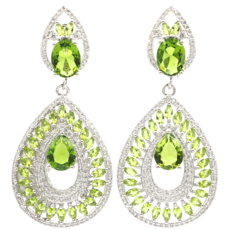 Kúpte si 4 Získajte 1 zadarmo 54x24mm jemné strihané zelené peridot biele zafír biely cz dámske svadobné strieborné náušnice