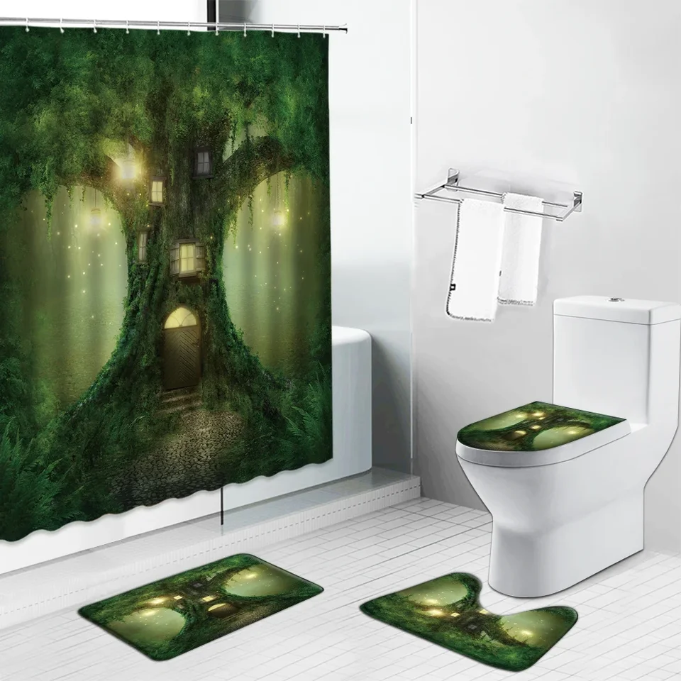 Kúzla sprchové závesy Sada Elk Leopard Animal Dream Forest Krajina kúpeľňa flanel nekĺzavá kúpeľňa toaleta koberec