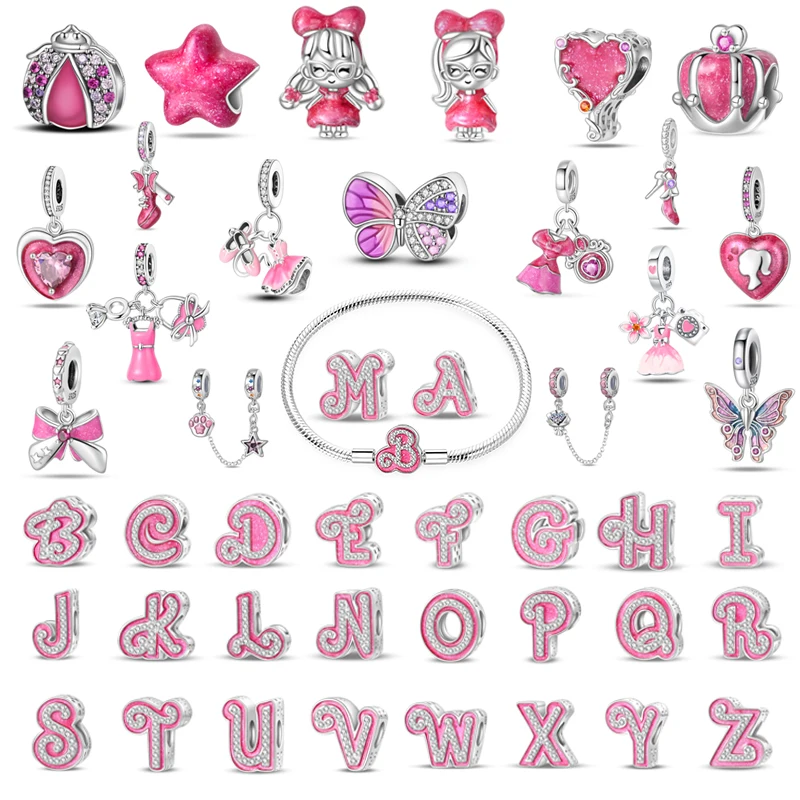 Kúzlo originálne 925 Sterling Silver Pink Dress Princess Butterfly 26 Letter Pierač Originálny náramok Luxusný prívesok DIY šperky