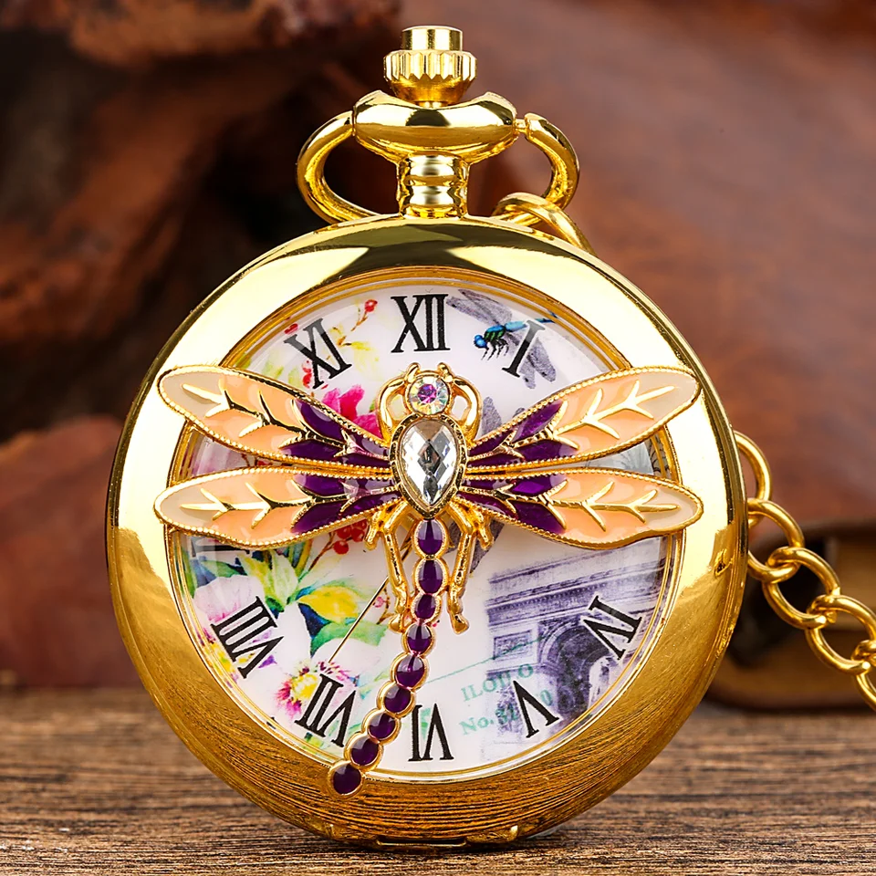 Kúzlo zlato/bronzový dragonfly/motýľ Halfly Cover Quartz Pocket Watch Men Dám