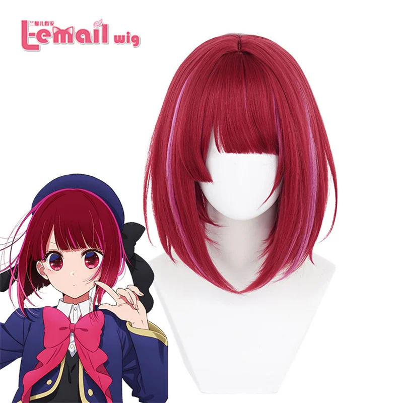 L-email parochňa syntetické vlasy anime oshi no ko arima kana cosplay parochňa 34 cm krátke burgundsko zvýrazňuje ružovú ružovú parochňu odolnú voči tepelnému tepla