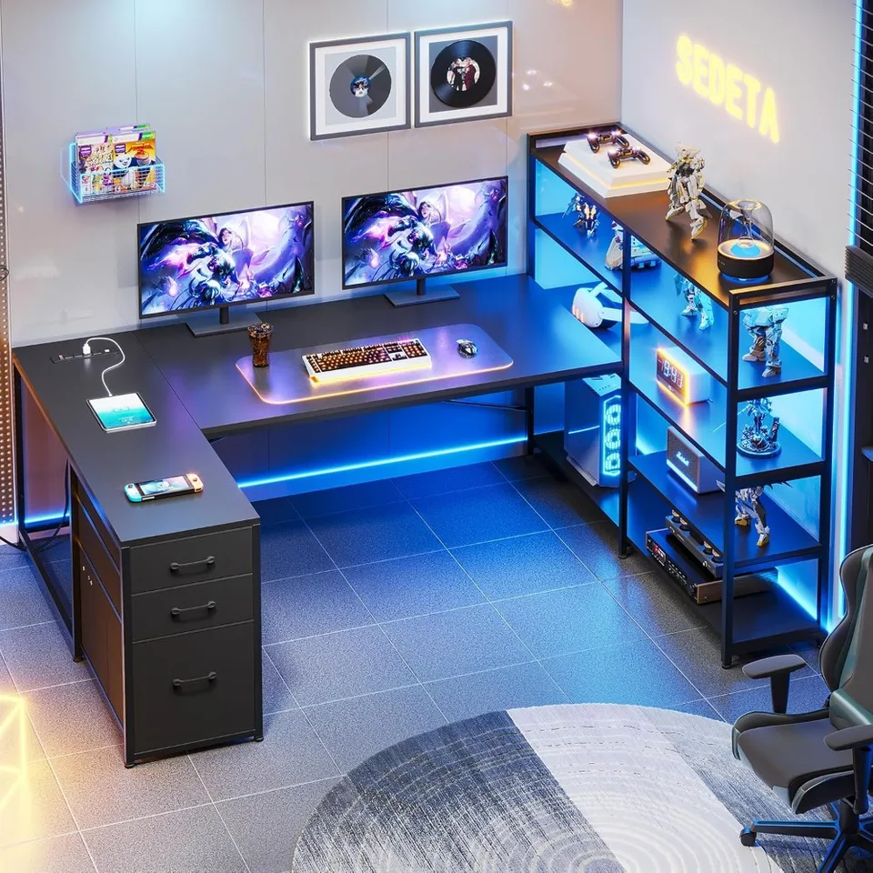 L Gaming Desk v tvare L, reverzibilný počítačový stôl v tvare U s výkonom a úložnými policiami, rohový herný stôl