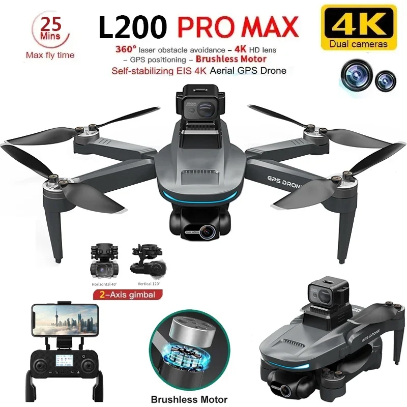 L200 Pro Max Drone 4K 2-osi PTZ HD Duálna kamera 360 ° Laserová prekážka vyhýbanie sa kefovým motorom GPS 5G WiFi RC FPV QuadCopter Hračky