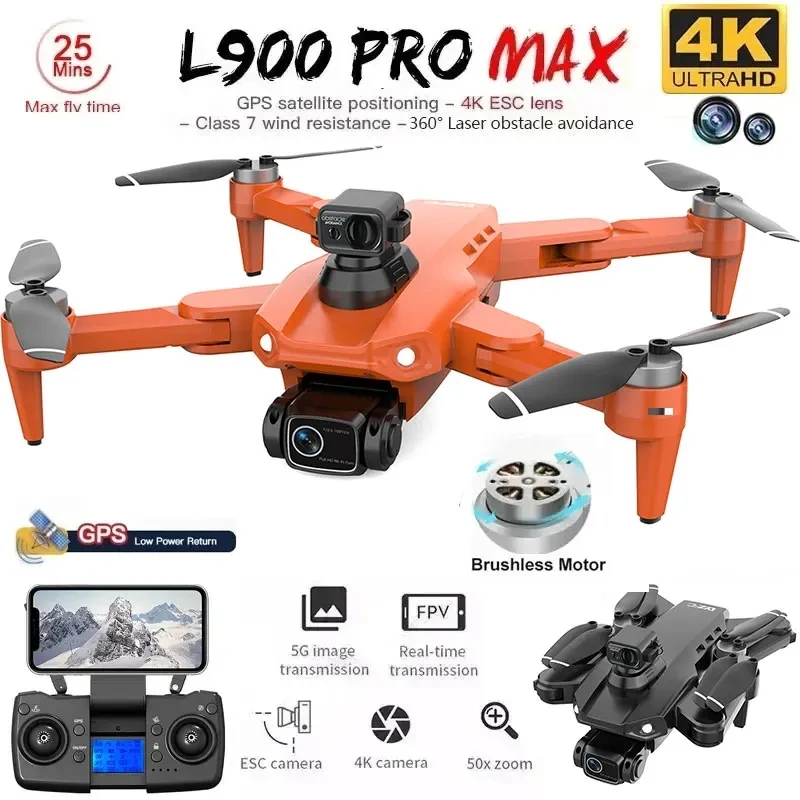 L900 PRO MAX GPS DRONE 4K Profesionálny HD DUAL CAMERA 5G WIFI 360 ° Prekážky vyhýbanie sa kefou bez kefovateľného quadcoptéra RC DRONE HOODY