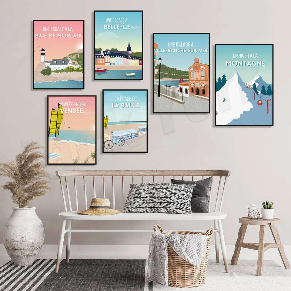La Baule, Bayeux, Burgundsko, Benodet, Deauville, Villelanche-Sur-Mer, Saint-Philibert, La Rochelle, Morlaix, Island Travel Plagát