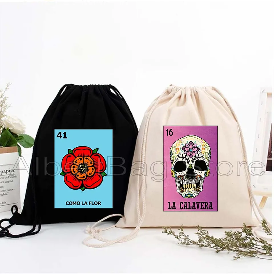 La Rosa Diablita Toxica Witch El Jefe Nopal Catrin Mexican Loteria Bingo Card Art Art Tlač šnúrky s futbalovou batohom Sackpack