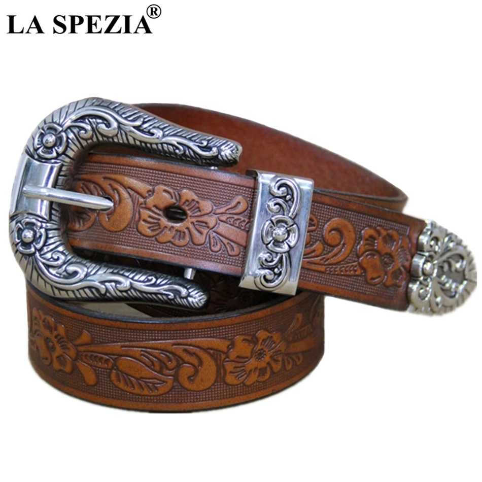 LA SPEZIA Skutočný kožený pás muži Vysoko kvalitný ťavový pin pás samec retro dizajnér Značka Cowhide Originálny kožený rezbársky pás 130 cm