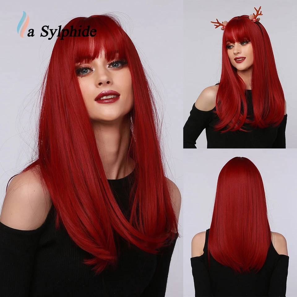 La Sylphide Cosplay Parochňa Dlhé rovné tmavo červené syntetické vlasové parochne s ranou pre čiernu bielu ženu odolnú voči dennej parochne