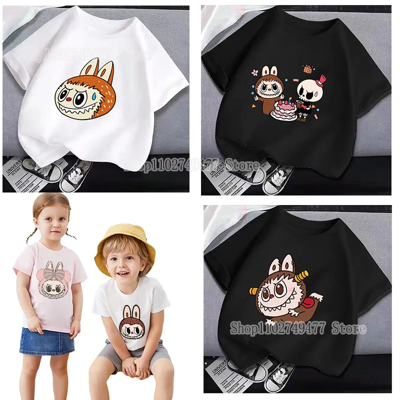 Labubu Detské tričko Cartoon Anime Pat Pop Mark s krátkym rukávom okrúhly krk pullover Tee Boys Dievčatá roztomilý top odev darček