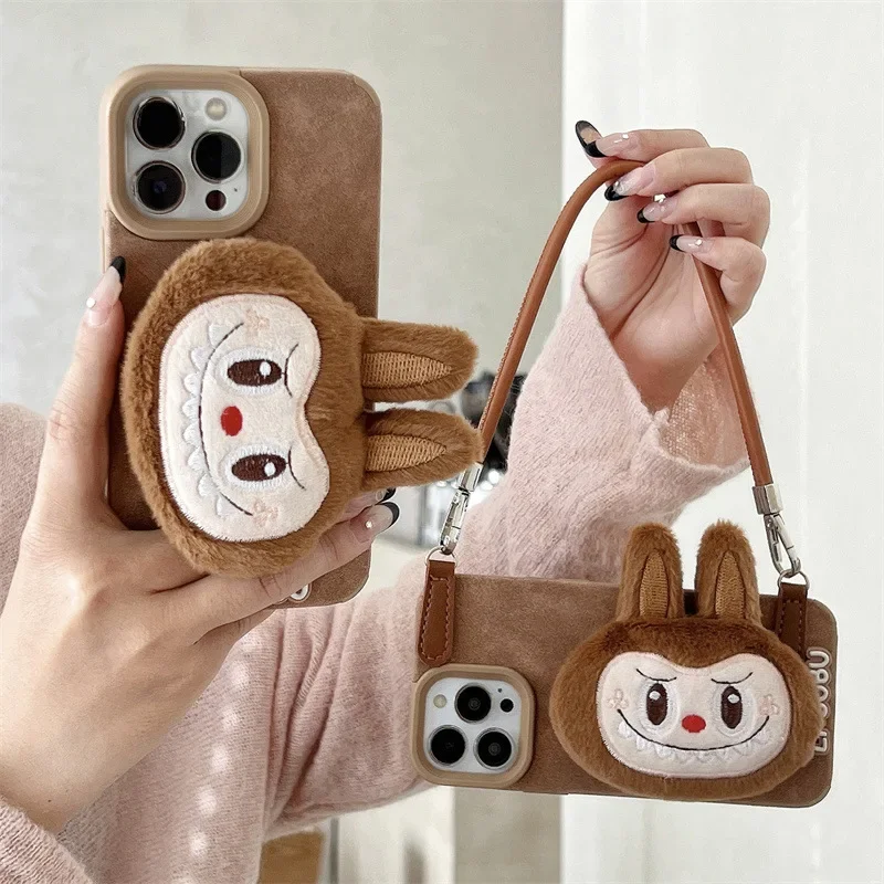 LaBubu Kawaii Držiteľ plyšového kapely pre iPhone16141315Pro Pase Drop Drop Odolný ochranný puzdro pre dievčatá vianočný darček