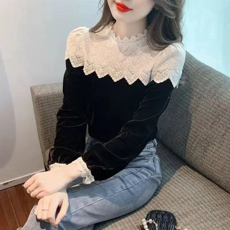 Lace Wave Patchwork Vintage košeľa móda ženský odev francúzsky štýl Elegantný dlhý rukáv jesenná zimná zima všetkých zápasov zamatová blúzka