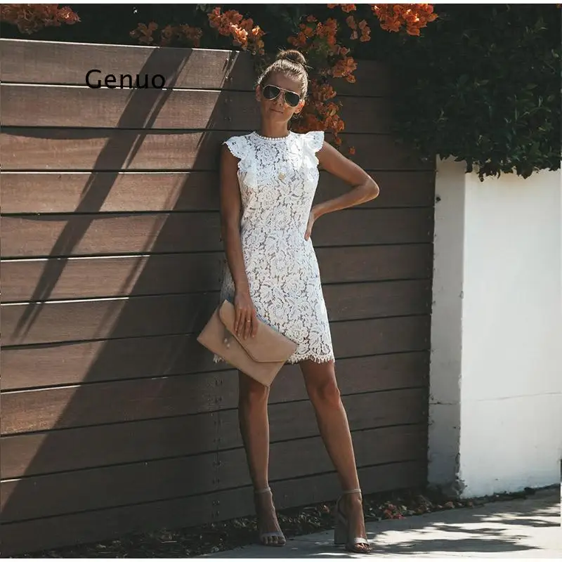 Lace White Dresses for Women 2024 Summer Sleeveless Ruffles Hollow Out Slim Short Mini Dress Sexy Night Club Evening Party Dress