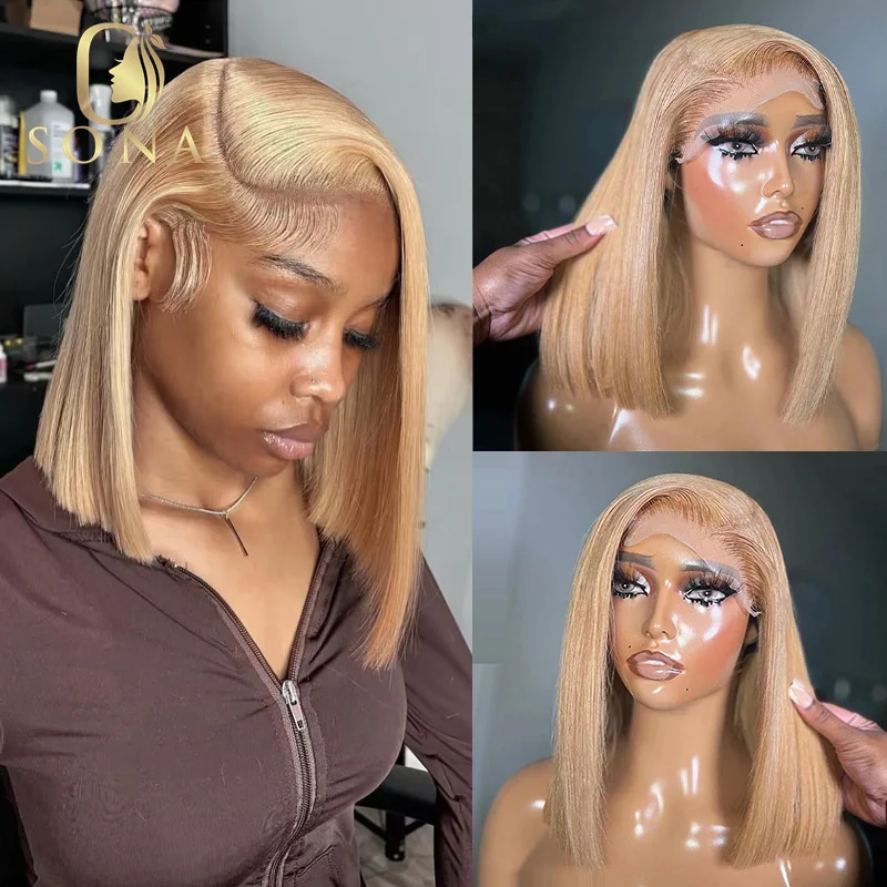 Lacné 27# medové blondína čipky čelné parochne 13x4 13x6 Priehľadné čipky predné ľudské vlasové parochne Priamy bob brazílsky parochňa pre ženy