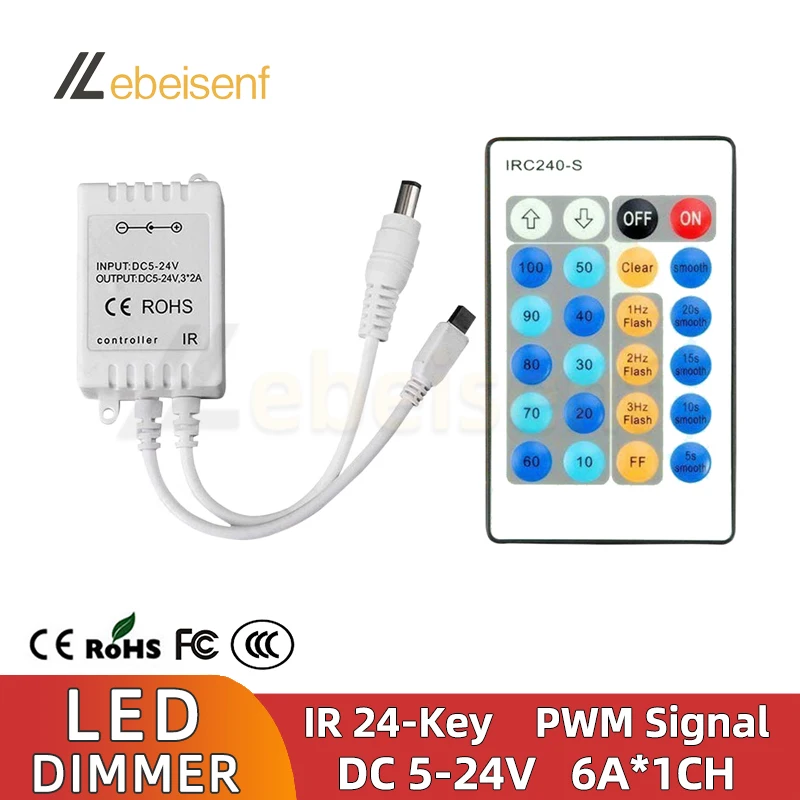 Lacný LED jednofarebný ovládač DC 5V 12V 24V 6A Konštantné napätie PWM Dimmer s 24-kľúčovým IR bezdrôtovým diaľkovým ovládačom pre Strip Light
