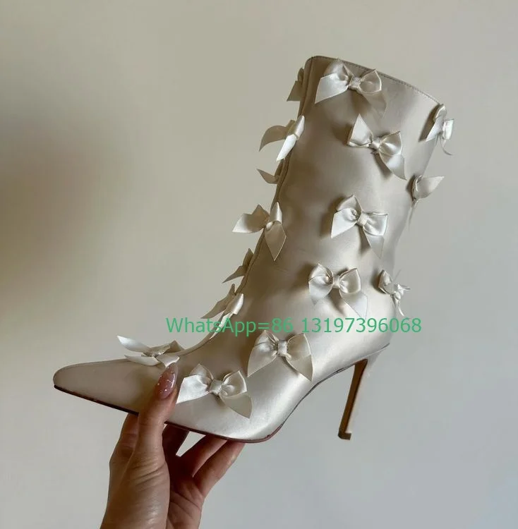 Lady Elegantná biela škvrna Bowtie Design členkové topánky Špicaté špičky Mary Janes Zips členok topánky Office Lady Fall Stain Style Cute Boot