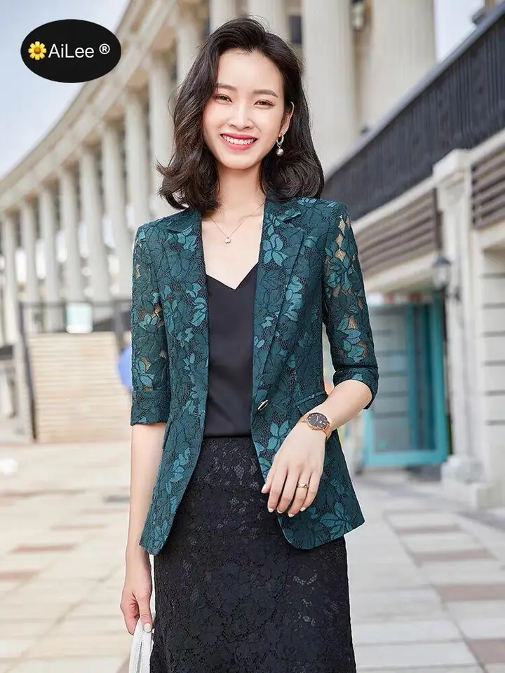 Lady Mujer Elegantná kancelária Lady Blazer Slim Letný tenký tlače Formálna pracovná kancelária Top zelená 3/4 rukáv Luxusná bunda