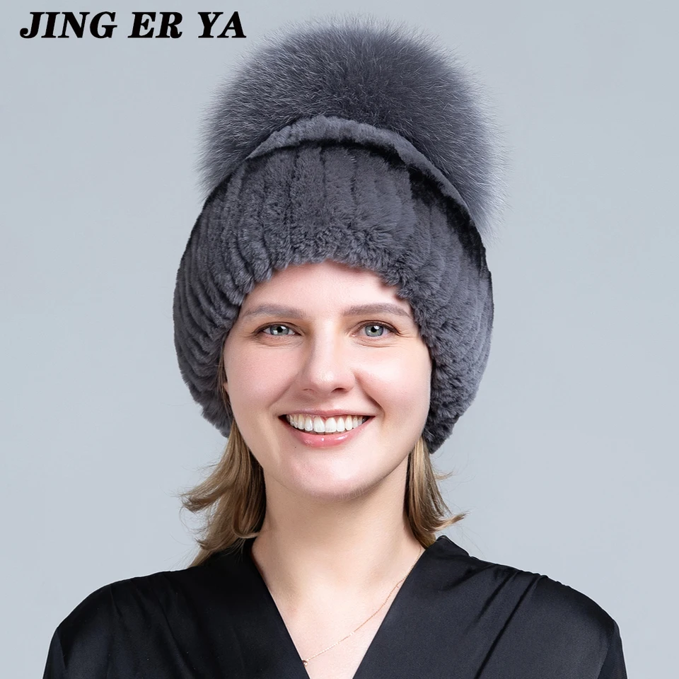 Lady Real Fur Cap Sámca klobúk Dobré elastické prírodné našuchoľované reálne líšky kožušinové klobúk Nové zimné Ženy pletené skutočné rex králičie kožušinové klobúky