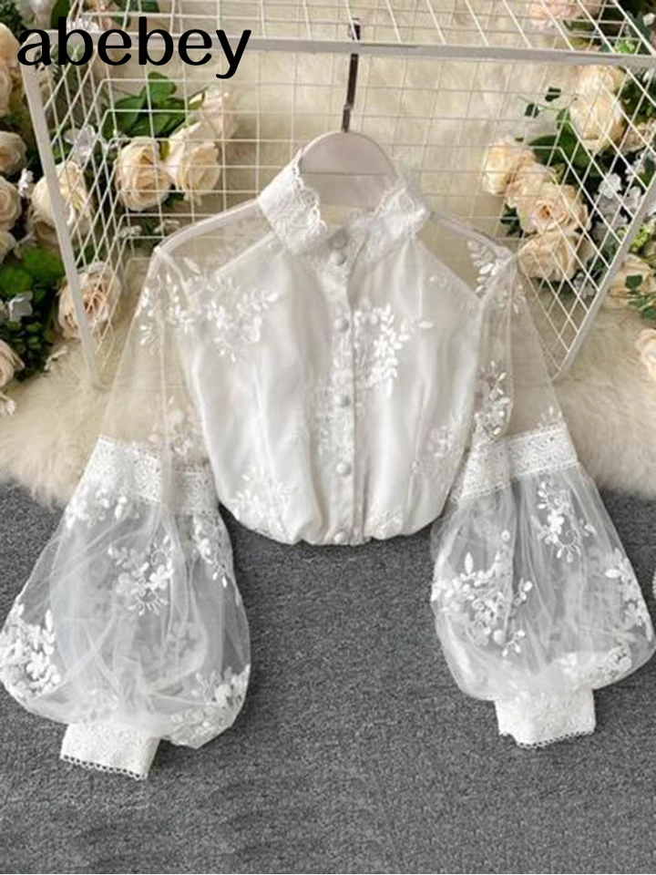 Lady Retro Mesh Lace Tops Tops Dámsky stánok golier 3D vyšívaná dlhá lucerna Sleeve Court Slim Shirt Elegantná blúzka P298
