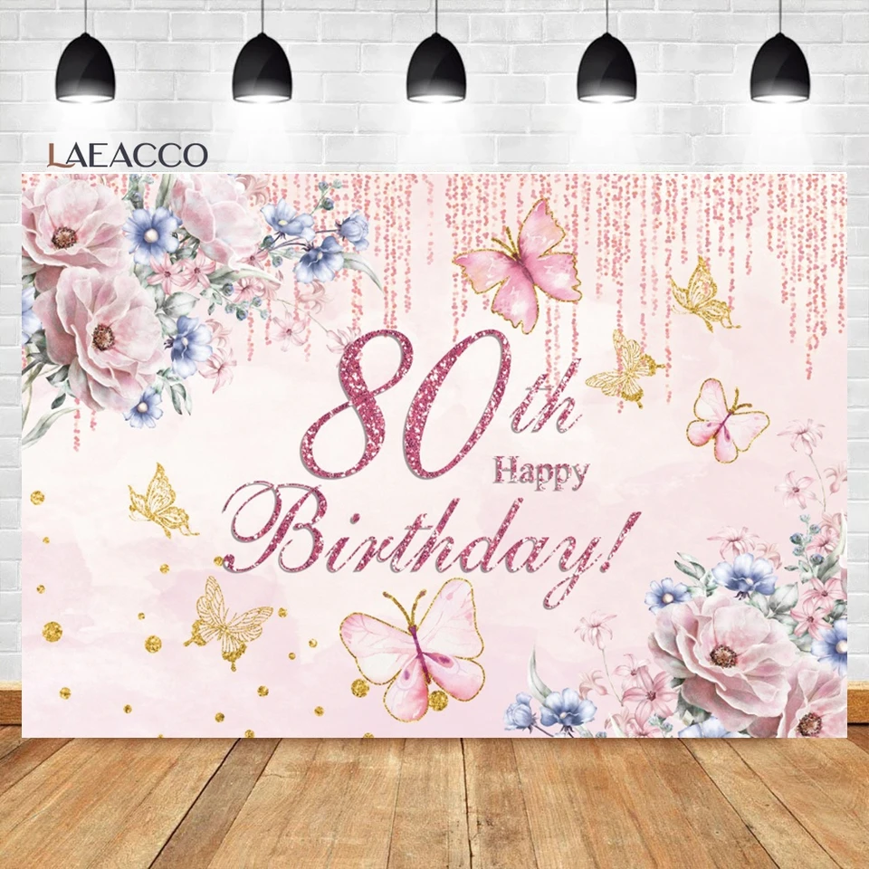 Laeacco Butterfly Birthday Pozadie ružový kvet motýľa šťastné 80. narodeninové oslavy dekorácie Ženy Portrét Photografia Pozadie