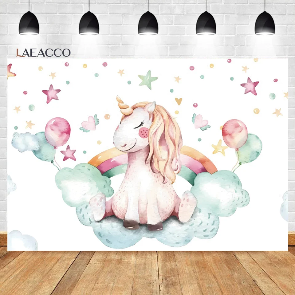 Laeacco Cartoon Unicorn Pozadie oblaky trblietavé hviezdy Rainbow Dievčatá narodeniny bábätká Portrét Portrét Custom Photography Pozadie