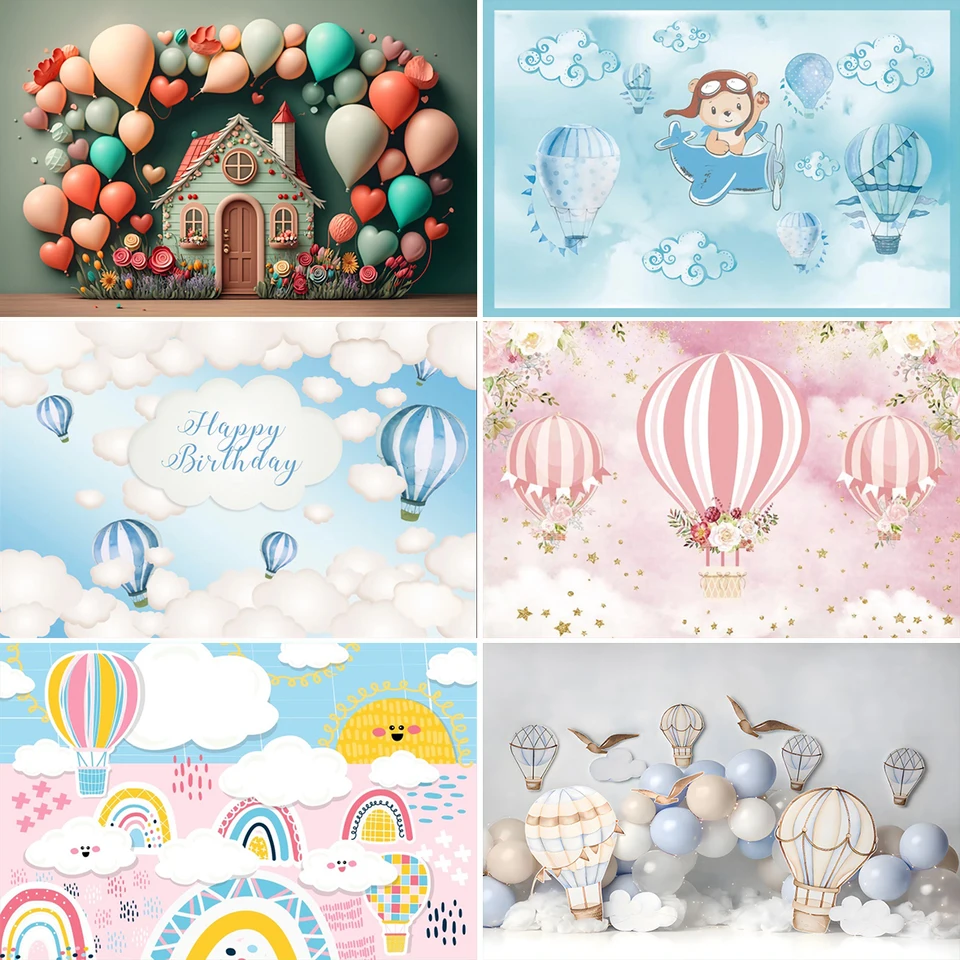 Laeacco Hot Air Balloons Baby narodeninová oslava Partohla Photografia pozadie Cloud Plagát Portrét prispôsobený fotografické pozadie fotografické štúdio Studio