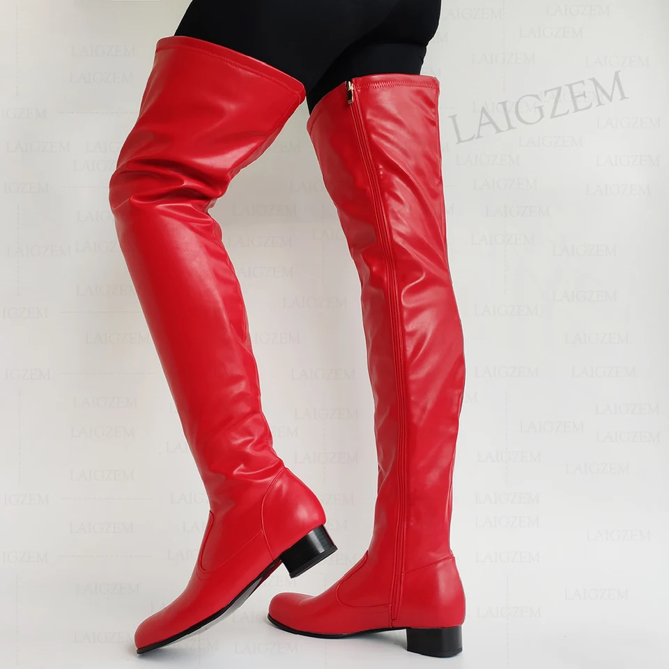Laigzem Ženy nad kolennými vysokými topánkami okrúhly prst na celej strane zips nízke podpätky topánky ručne vyrábané unisex topánky Žena veľká veľkosť 41 43 46 48