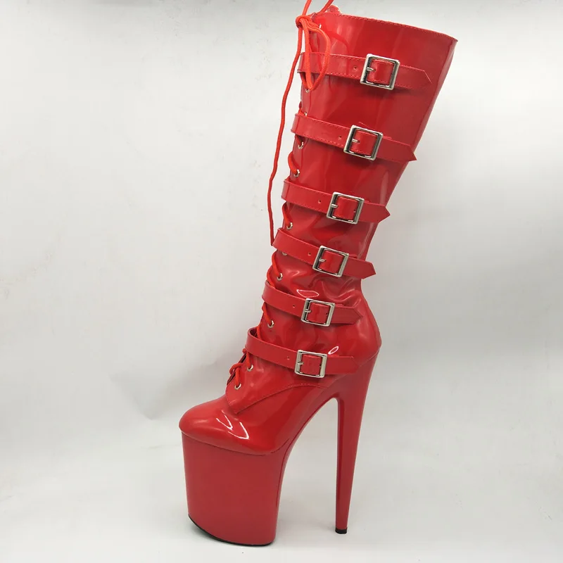 Laijianjinxia Nové 20 cm vysoké podpätky Boots Sexy Buckle Black Paint Platform Boots Club módne ženy koleno-vysoké topánky
