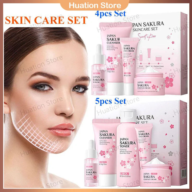 Laikou Sakura Care Care Set Set Facial Cleanser Eye Creams Face Cream Serum Lotion Toner Hydratačná súprava na starostlivosť o tvár