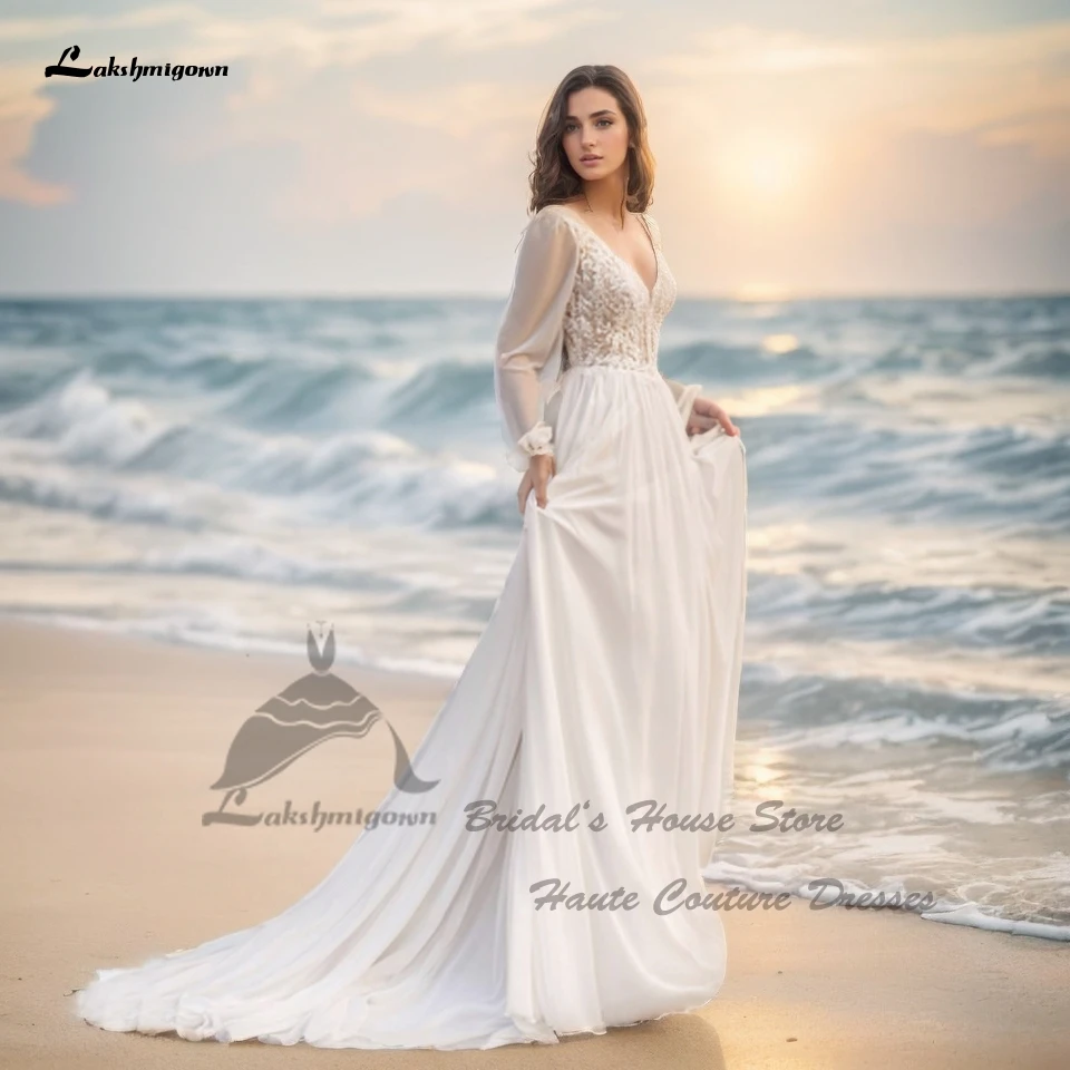 Lakshmigown Puffy s dlhým rukávom České plážové svadobné šaty 2025 Vestido sexy boho svadobné šaty backless čipka prispôsobená
