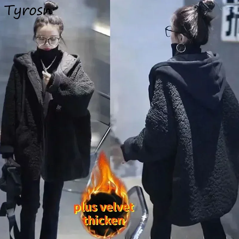 Lambswool Coat Jackets Ženy Zimné kapucňa útulné zahusťované streetwear Warm Baggy Casual Vintage Fashion Córejský štýl osobnosť